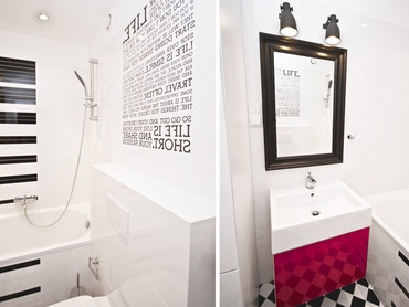 BATHROOM WITH THE SMART IDEA<br><span>black graphic and strong magenta accent in the apartment studio made in the Rua Bonita Development at 34 Sliczna St in Cracow</span>